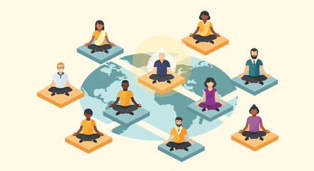 A flat design illustration depicting diverse individuals meditating globally, emphasizing unity and peace on World Meditation Day. This modern vector artwork showcases interconnectedness