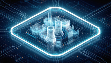 Nuclear Plant Visualization: A high-tech digital representation of a nuclear plant, emphasizing modern technology and energy production.  