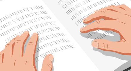 Fototapeta premium A minimalist flat design illustration of hands reading Braille text, symbolizing literacy and accessibility for the visually impaired. This clean vector art celebrates World Braille Day.