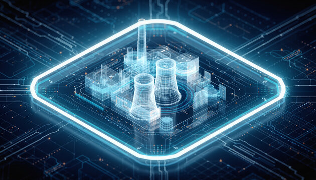Nuclear Plant Visualization: A high-tech digital representation of a nuclear plant, emphasizing modern technology and energy production.  
