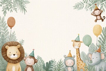 Cute jungle animals at birthday party with balloon decorations
