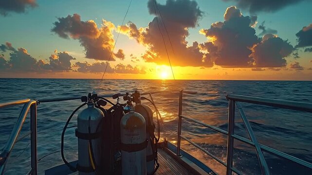 Scuba tanks lined up on the deck of a dive boat, awaiting an early morning underwater adventure as the sun rises over the ocean