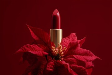 Red lipstick in gold case on poinsettia flower against red background
