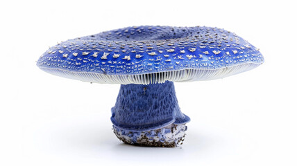 Single, striking Indigo Milk Cap mushroom (Lactarius indigo) with a blue cap and white gills, isolated on a white background.