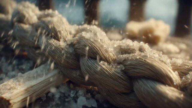 Close-up of a thick, braided rope covered in salt crystals, reflecting light on a wood surface