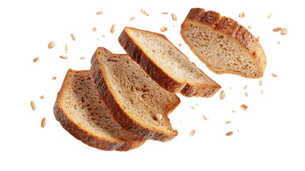 Sliced rye bread appears suspended in the air showing its rustic texture and rich dark crust clearly on white background