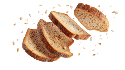 Sliced rye bread appears suspended in the air showing its rustic texture and rich dark crust clearly on white background