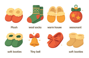 Festive holiday apparel and decorations: cozy socks, warm booties, ornaments