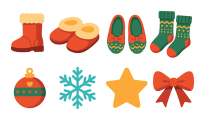 Festive holiday icons: cozy footwear and joyful decorations