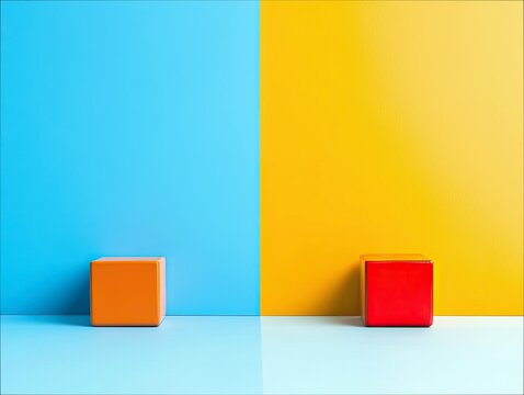 A minimalist composition featuring an orange cube on the left and a red cube on the right, set against a backdrop divided into blue and yellow.