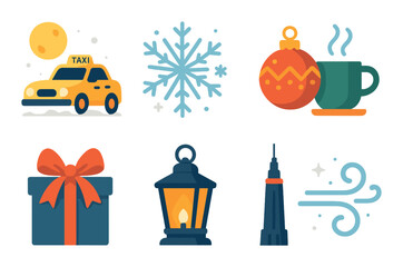 Winter icons: taxi at night, snowflake, ornament, hot drink, gift, lantern, tower, wind