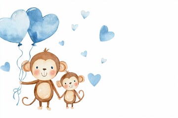 Fototapeta premium Cute monkeys holding hands with heart balloons