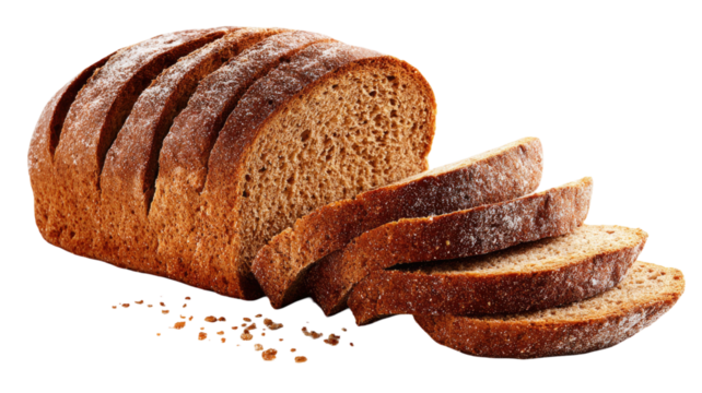 A sliced loaf of rye bread is shown in closeup revealing its hearty texture and dark crust on white background