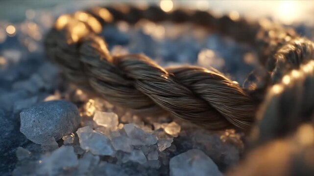 Close-up of rope texture resting on rough, rocky ground, sunlit