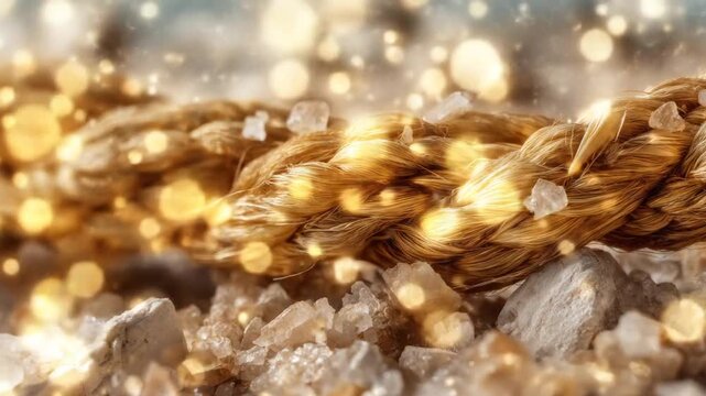 A close-up view of a braided rope and crystalline formations with blurred bokeh lights