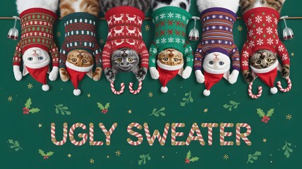 Cute cats wearing ugly christmas sweaters hanging upside down