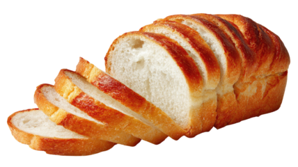 Fresh sliced bread is arranged in a neat stack showing its soft texture and golden baked surface on white background