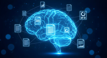Glowing Blue Brain with Digital Data Connections and Icons.
