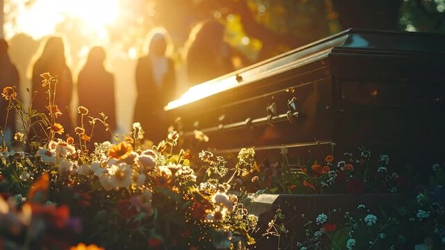 A solemn funeral procession unfolds during a breathtaking golden hour sunset, with mourners gathered around a casket adorned with flowers