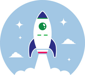 Modern flat rocket with flame representing startup success, business growth, fast development, space exploration and technology innovation concept