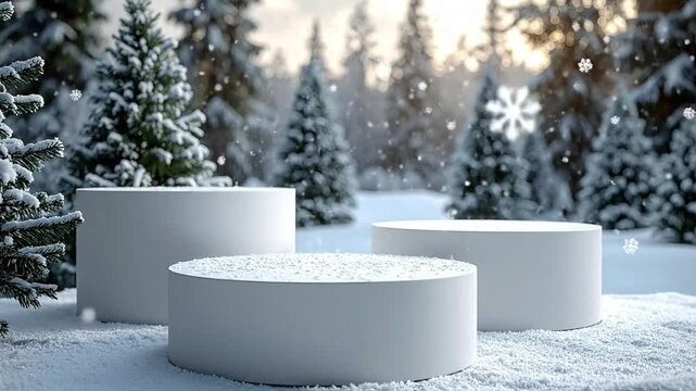 Winter wonderland display podiums covered in snow with festive snowflakes falling, perfect for showcasing products in a snowy forest setting
