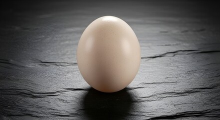 A single fresh brown chicken egg isolated on a dark textured stone background, a concept for health and nutrition