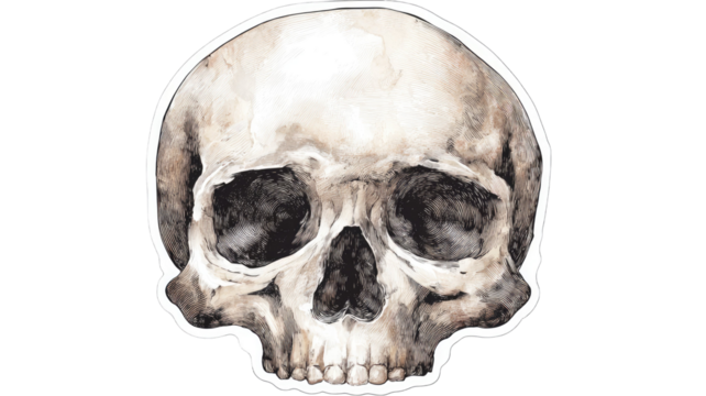 A bold skull patch sticker is displayed with clear edges and strong graphic style creating a striking emblem on white background