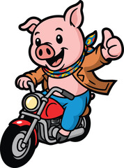 Happy Cartoon Pig Character Riding a Red Motorcycle Showing Thumbs Up Gesture Wearing Jacket and Scarf Vector Illustration Isolated on White Background for Mascot Design