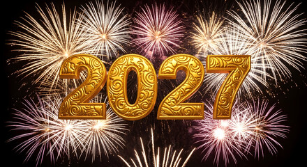 Golden 2027 Numbers Illuminated by Vibrant Fireworks Display.