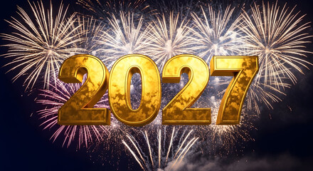 Golden 2027 Text Overlay on Festive Fireworks Display.