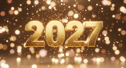 Golden 2027 Text with Bokeh Lights and Glittering Particles.