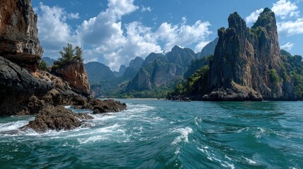 Serene turquoise waters and limestone cliffs of phuket, thailand create a peaceful seascape with a traditional longtail boat near the rocky shore