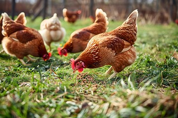 Fototapeta premium Free range hens feeding in green grass