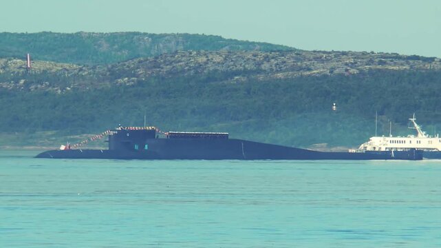 The annual celebration of the Day of the Russian Navy. Warships in the waters of the Kola Bay.