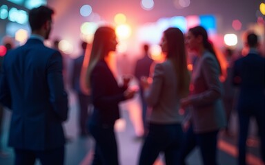 A vibrant networking event with business professionals engaging in conversation, blurred figures creating a sense of motion and activity. High quality