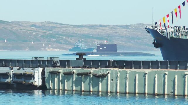 The annual celebration of the Day of the Russian Navy. Warships in the waters of the Kola Bay.