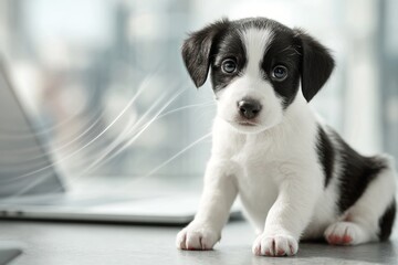 Joyful puppy moments: a bright room, a laptop, a smile. Puppy day. The evolution from 4g to 5g and its global implications. Cute puppy. Why 5g matters.