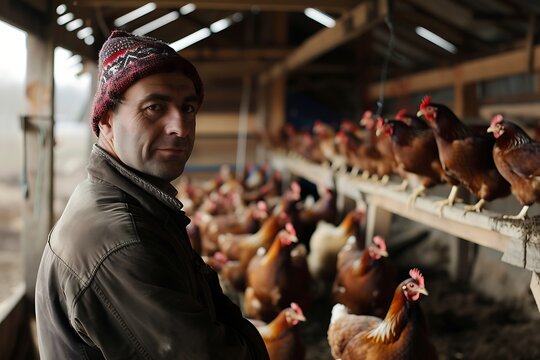 Farmer standing in poultry barn with laying hens