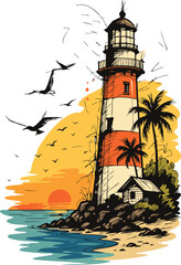 Captivating retro ink sketch of a tropical lighthouse at sunset. Features palm trees, flying seagulls, and a warm ocean view. Ideal for vintage nautical travel art or summer holiday designs