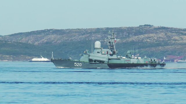 The annual celebration of the Day of the Russian Navy. Warships in the waters of the Kola Bay.