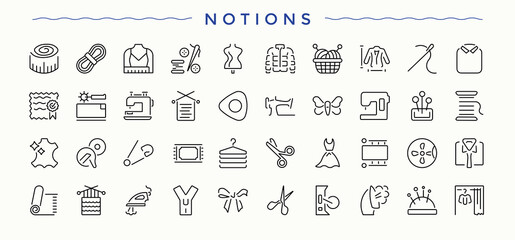 Set of Notions line icon. Included tailoring, textile, needle, knit, yarn and more. Minimal thin line web icons set. Knit modern icon set. Pixel perfect. Vector illustration.