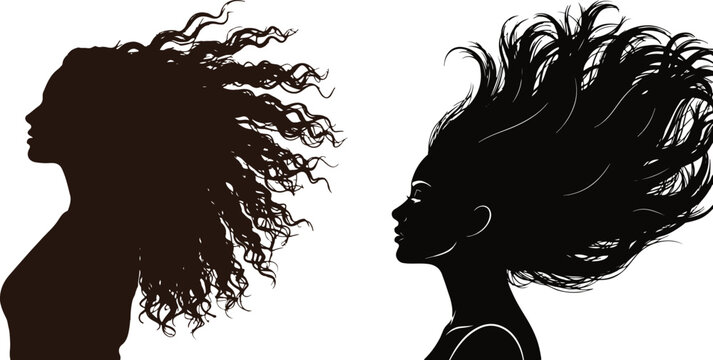 Silhouette Profile of Women with Flowing Hair on White