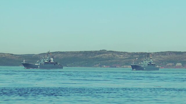 The annual celebration of the Day of the Russian Navy. Warships in the waters of the Kola Bay.