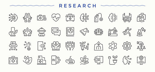 Research line icon set. Icons for UI designs. Contains related to magnify, investigate, data, explore, magnifying. Editable stroke collections. Magnify line icon set.