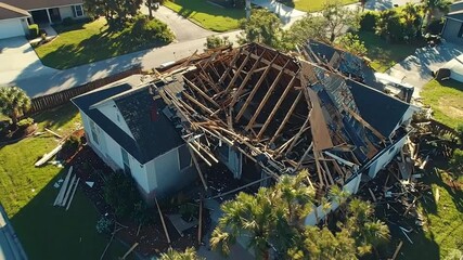 Drone footage captures extensive roof damage and structural collapse of a residential home after a severe weather event