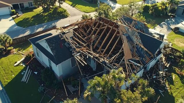 Drone footage captures extensive roof damage and structural collapse of a residential home after a severe weather event