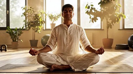 Meditative man in serene yoga pose, peaceful morning light fills the room, calming indoor space for mindfulness practice - Powered by Adobe
