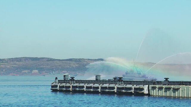 The annual celebration of the Day of the Russian Navy. Warships in the waters of the Kola Bay.