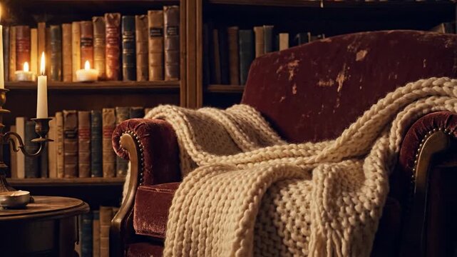 Cozy library nook with vintage books, warm candlelight ambiance perfect for autumn evenings, inviting reading corner with rustic charm