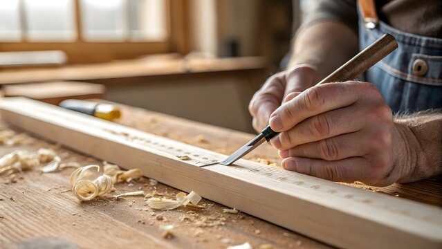 Craftsman shaping wood with chisel, showcasing detail and precision in woodworking for professional carpentry and artisanal projects with natural light - Powered by Adobe